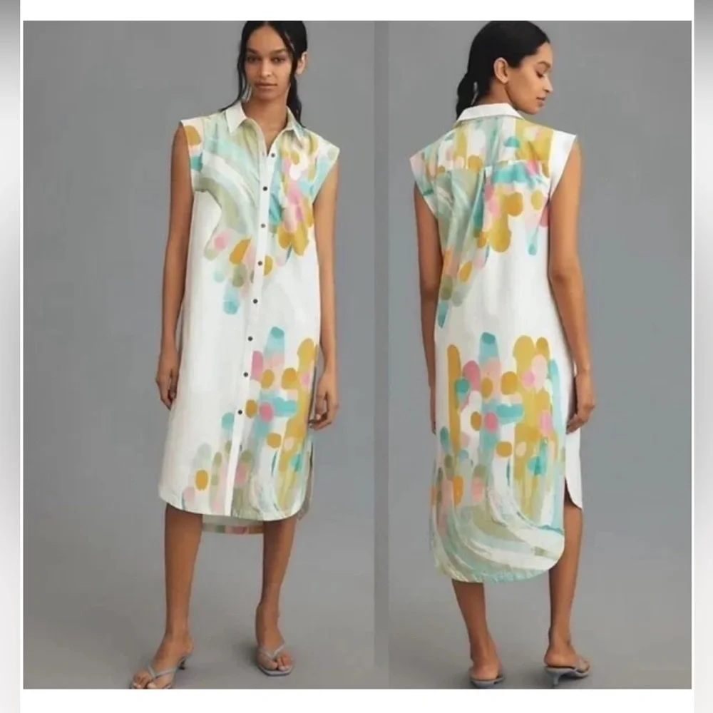 Anthropologie NWT Size L The Lillian Cap-Sleeve Button-Front Midi Dress by Maeve - Picture 3 of 13